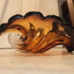 Vintage Murano Amber Nautilus Shell Art Glass Dish